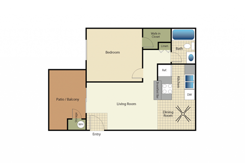 One bedroom one bath apartment floorplan